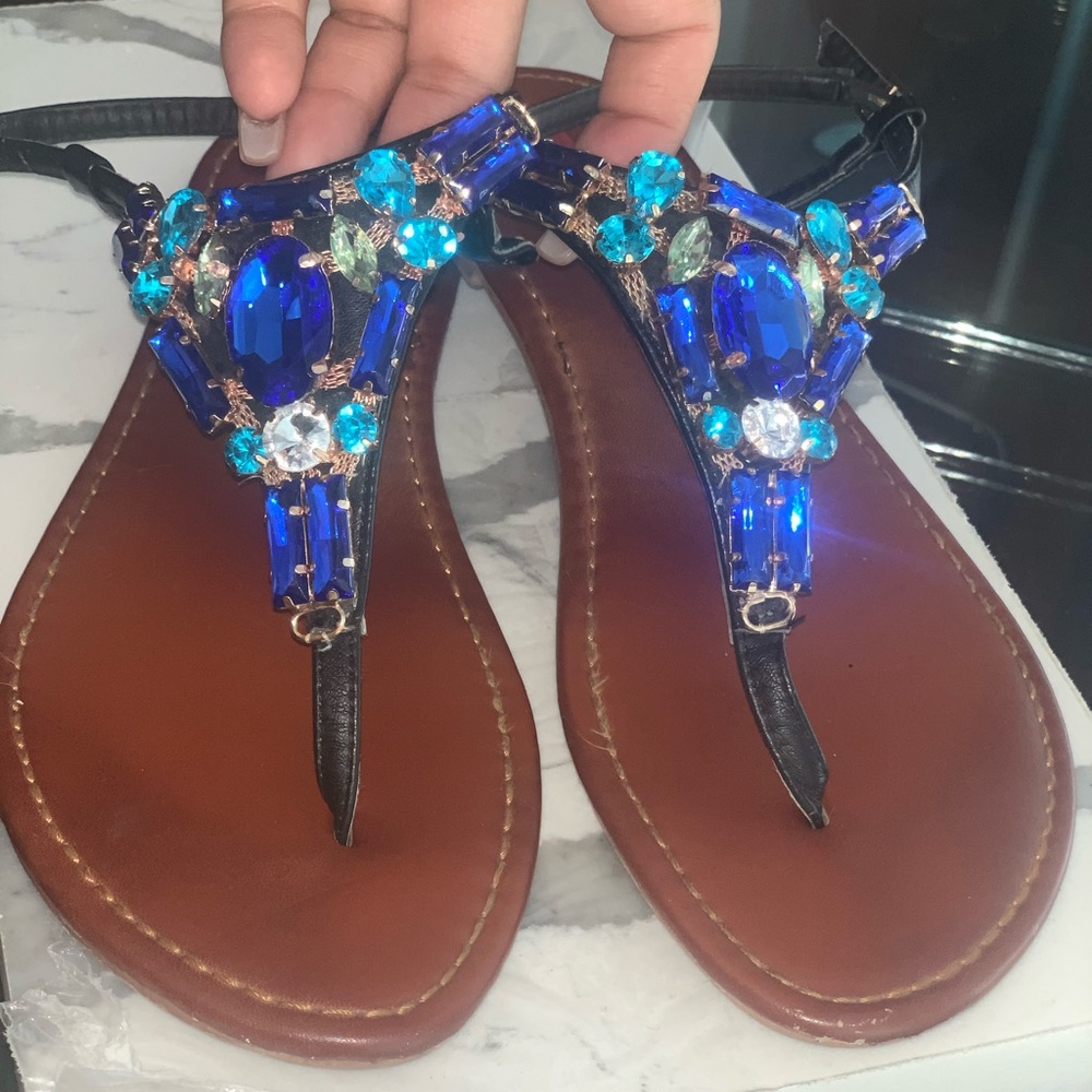 Blue rhinestone embellished sandals